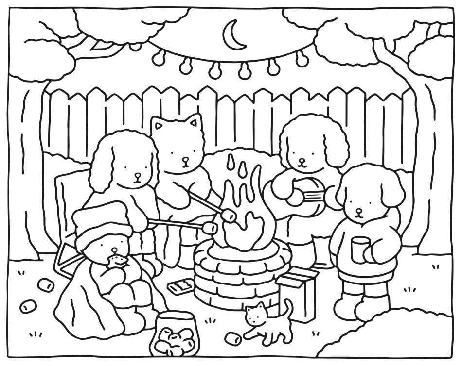 Desenho de 🎉 Festa na Fogueira de  Kawaii  para imprimir e colorir - PDF grátis para pessoas de todas as idades