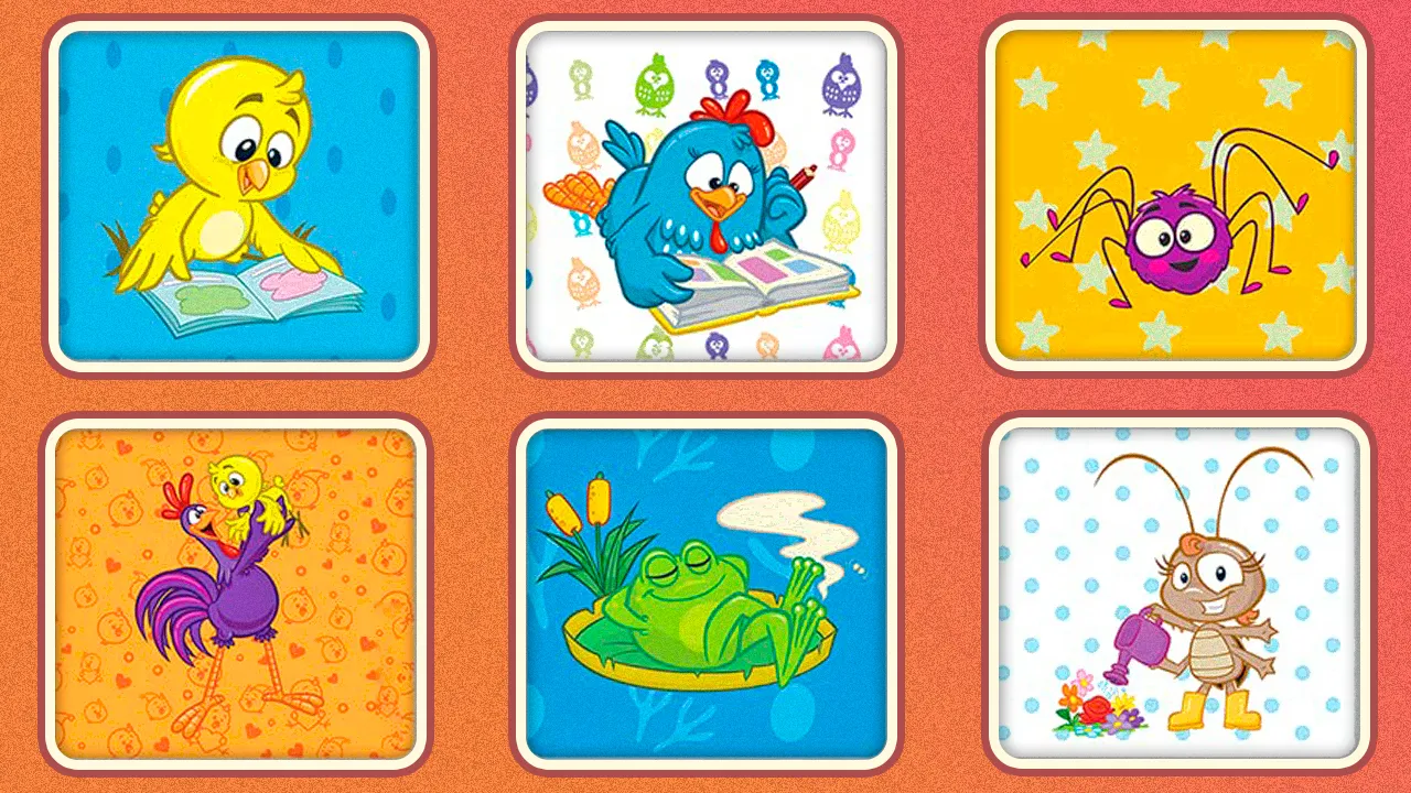 Cartas de jogo da memória com personagens da Galinha Pintadinha: Pintinho Amarelinho lendo, Galinha Pintadinha lendo, Aranha sorrindo, Galo Carijó com pintinho nas costas, Sapo Cururu relaxando e Baratinha regando flores. As cartas estão viradas para cima, revelando as imagens para o jogo.
