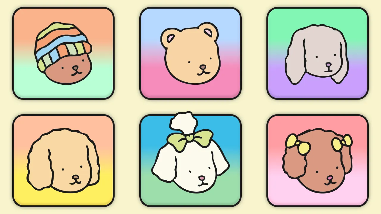 Cartas de jogo da memória com personagens da Desenho Kawaii: um personagem com touca listrada, uma cabeça de urso, um cachorro poodle cinza/bege, um cachorro poodle creme, um cachorro poodle branco com laço verde e um cachorro poodle marrom com laços amarelos. As cartas estão viradas para cima, revelando as imagens para o jogo.