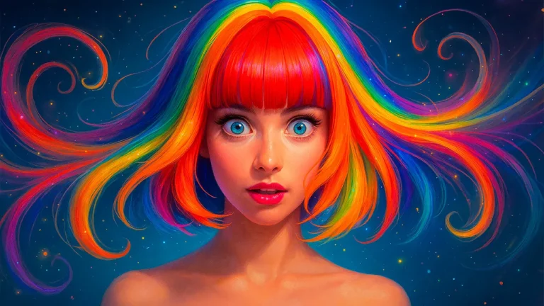 Ilustração de uma jovem de cabelos coloridos e olhos azuis, com expressão de surpresa e fundo escuro cheio de pontos de luz, criando um clima mágico.