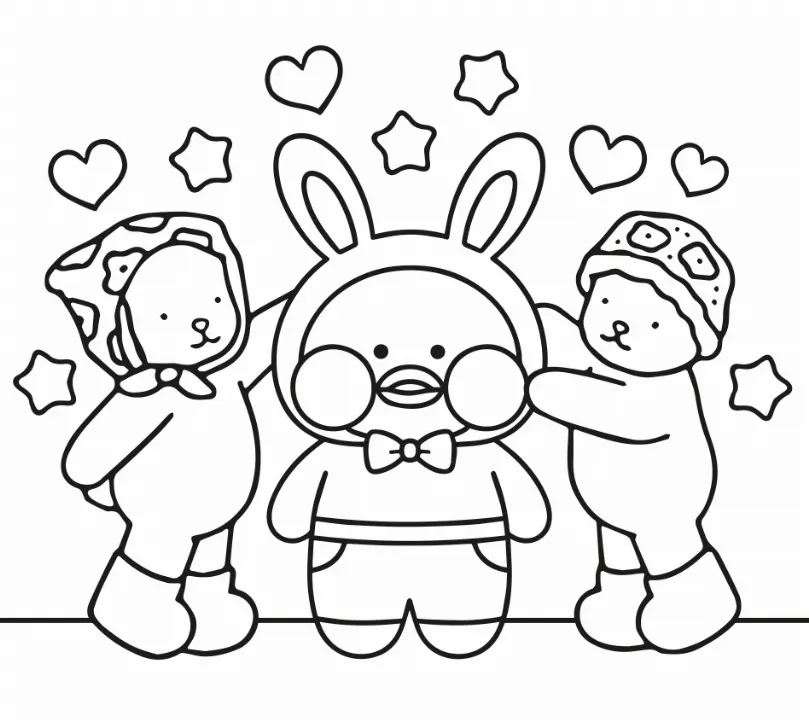 Desenho de dois ursinhos fofos abraçando um patinho fantasiado de coelhinho. Cena de amizade e carinho entre Bobbie Goods e Paper Duck para colorir online ou imprimir gratuitamente.