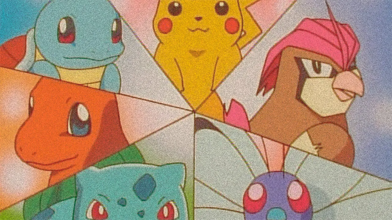Os primeiros pokémons de Ash: Squirtle, Pikachu, Pidgeotto, Butterfree, Bulbassauro e Charmander.