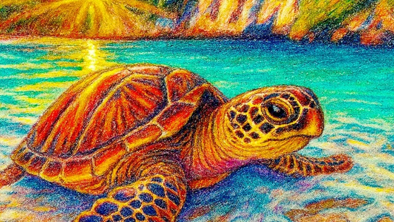 Ilustração de uma tartaruga marinha colorida com lápis de cor, na areia da praia ao pôr-do-sol.