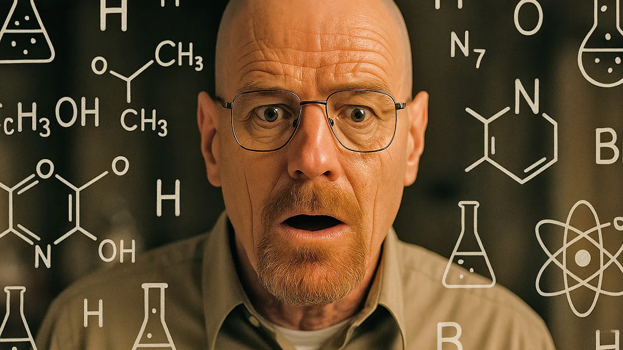 Walter White surpreso cercado por elementos químicos brilhantes em homenagem ao Dia do Químico.