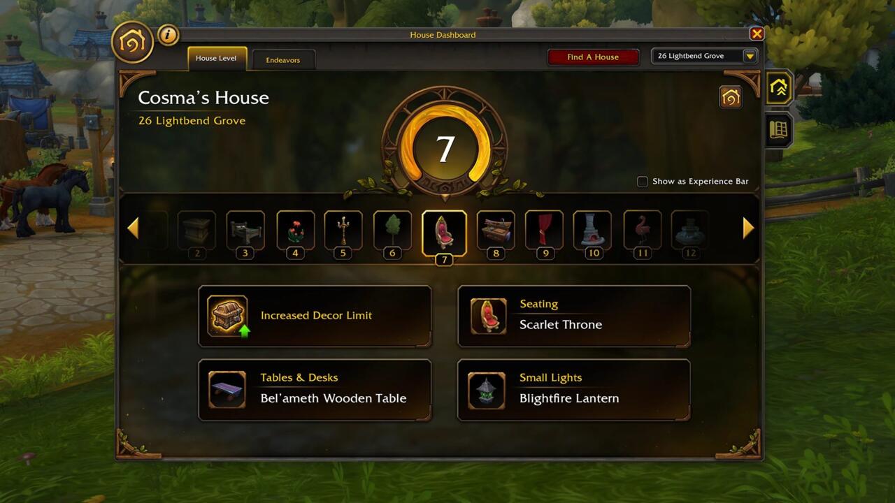 Visual do sistema de níveis de moradia em WoW.