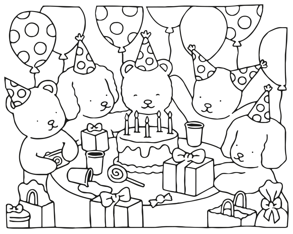 Desenho de Kawaii: Festa de Aniversário do Ursinho para imprimir e colorir - PDF grátis para pessoas de todas as idades