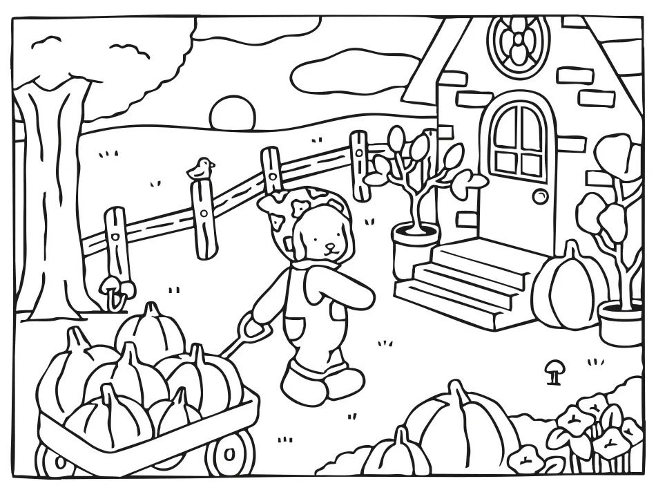 Desenho para colorir de um ursinho fofo da Bobbie Goods puxando um carrinho cheio de abóboras em um cenário campestre com casinha, cerca de madeira e passarinho.