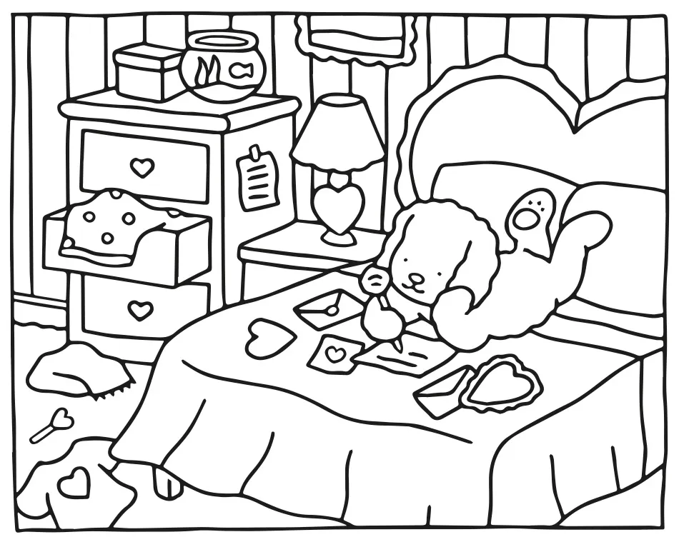 Desenho para colorir de um personagem fofo da Bobbie Goods deitado na cama lendo cartas de amor, com envelopes e uma luminária no quarto.