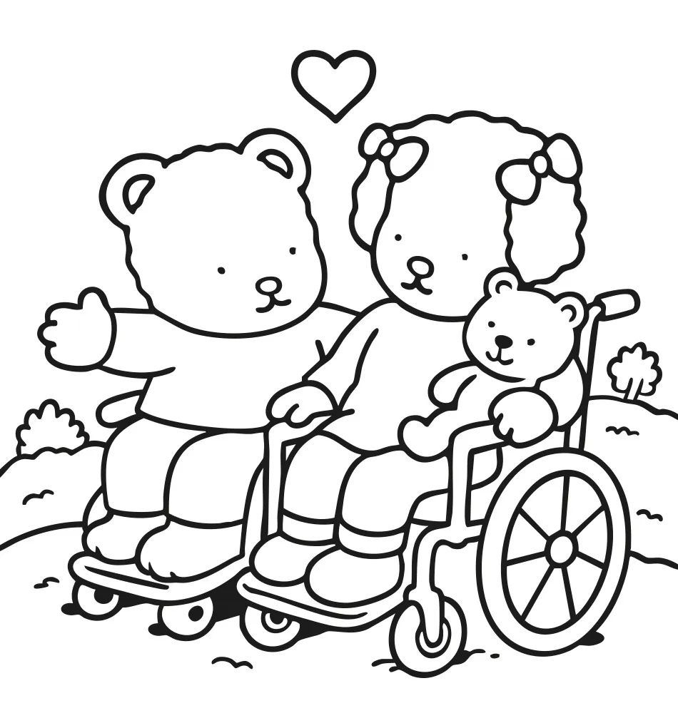 Desenho para colorir no estilo Bobbie Goods mostrando dois amiguinhos, um ursinho e um cachorrinho em cadeira de rodas, compartilhando um momento de alegria e união, representando educação e inclusão.