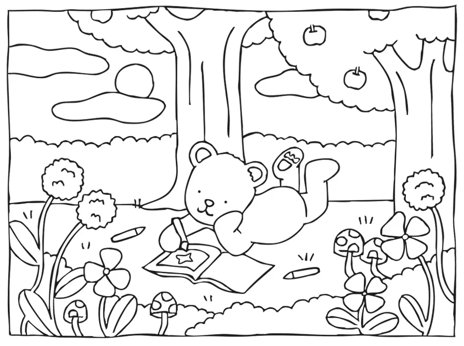 Desenho para colorir de um ursinho fofo da Bobbie Goods deitado na grama, desenhando em um caderno, cercado por árvores, flores e cogumelos. O cenário é uma floresta tranquila.