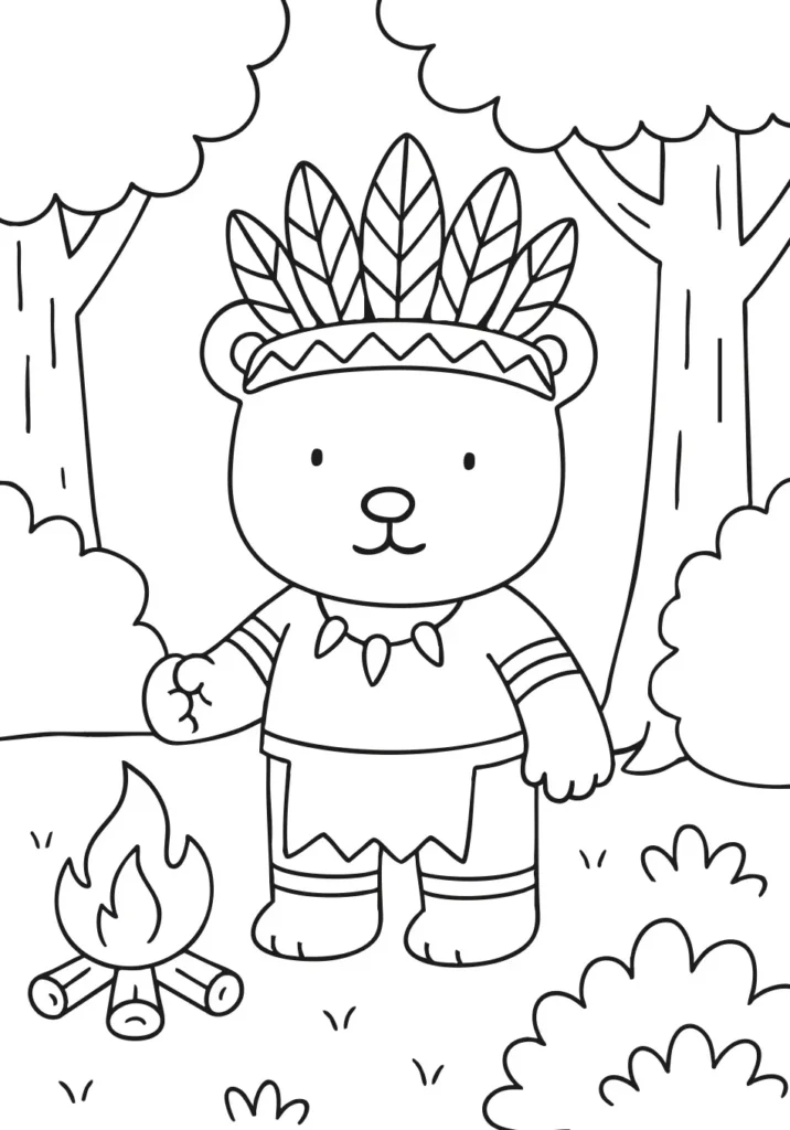 Desenho para colorir de um ursinho fofo no estilo Bobbie Goods vestido como um indígena Guarani Kaiowá, com cocar de penas, colar e uma fogueira ao lado, em meio à floresta.