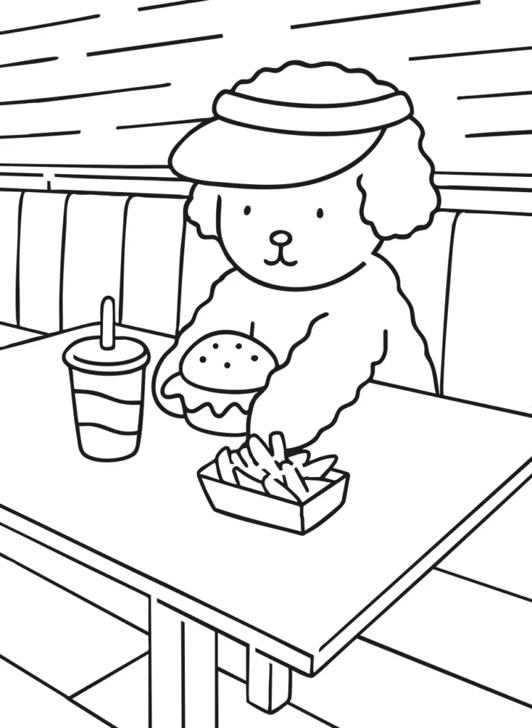 Desenho para colorir de um personagem fofo da Bobbie Goods (um cachorro ou urso) usando um chapéu, sentado em uma lanchonete e comendo um hambúrguer com batatas fritas e um refrigerante.