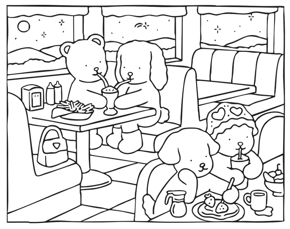 Desenho para colorir de personagens fofos da Bobbie Goods em uma lanchonete/diner, comendo batatas fritas, milkshakes e panquecas. A cena mostra um ambiente aconchegante com mesas e bancos.