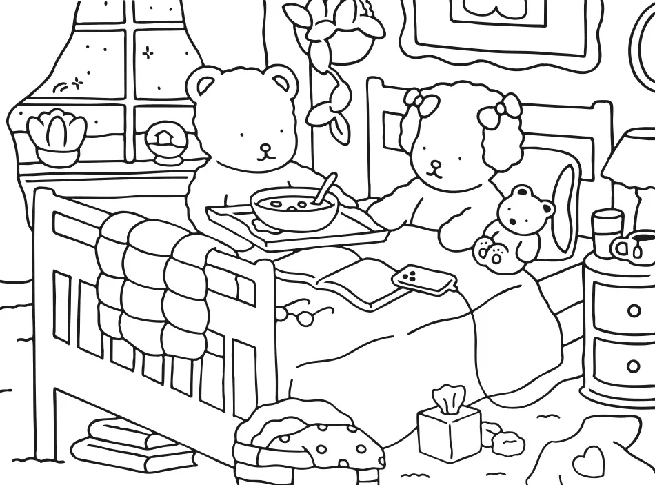 Desenho para colorir de ursinhos fofos da Bobbie Goods, onde um está cuidando do outro que está se recuperando da gripe na cama, com sopa, lenços e ursinho de pelúcia.