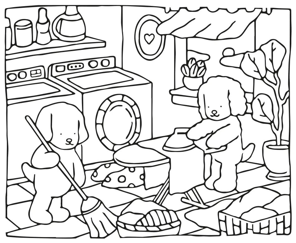 Desenho para colorir de dois personagens fofos da Bobbie Goods realizando tarefas domésticas, um varrendo o chão e outro passando roupa, em um ambiente de lavanderia com máquina de lavar e secar.