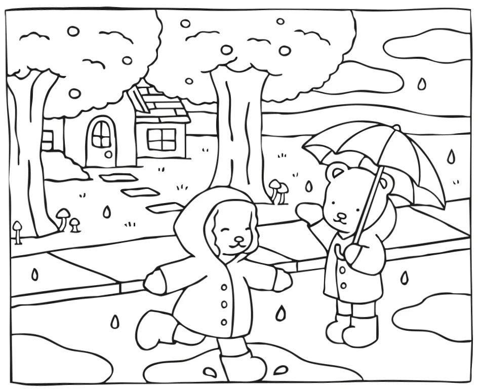 Desenho para colorir de dois personagens fofos da Bobbie Goods com capas de chuva e guarda-chuva, brincando em poças d'água em um dia chuvoso, com uma casa e árvores ao fundo.