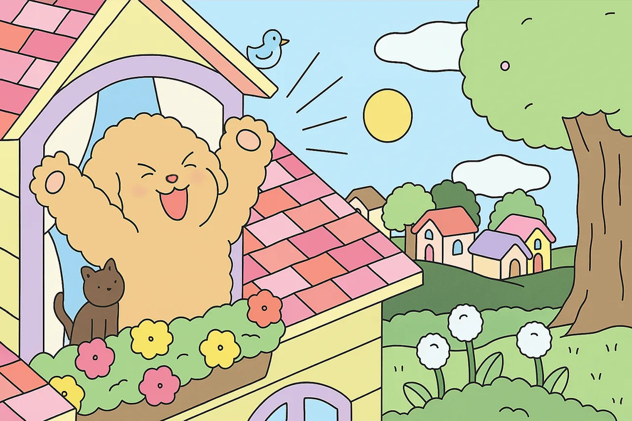 Cachorrinho de Bobbie Goods comemorando com bastante alegria em uma manhã de sol.