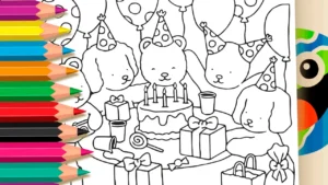 Desenho para Colorir Desenho Kawaii: Festa de Aniversário do Ursinho