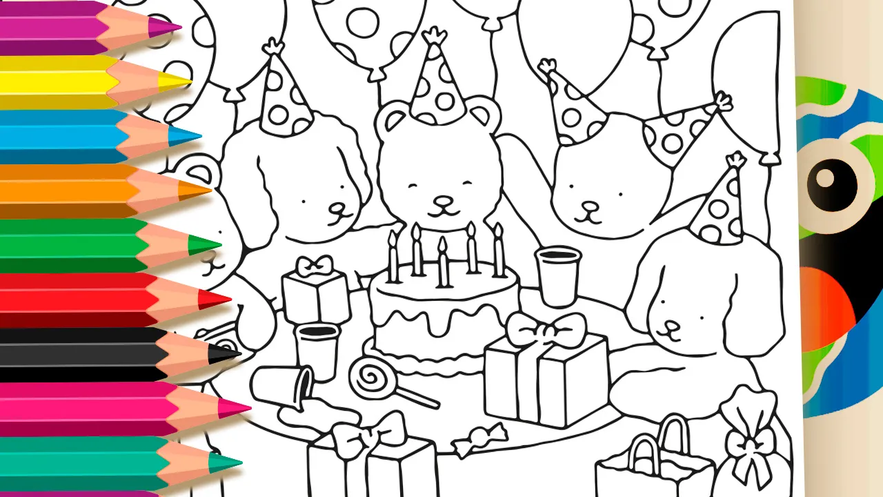 Desenho para colorir de bichinhos da Desenho Kawaii em uma festa de aniversário com bolo, balões e presentes.