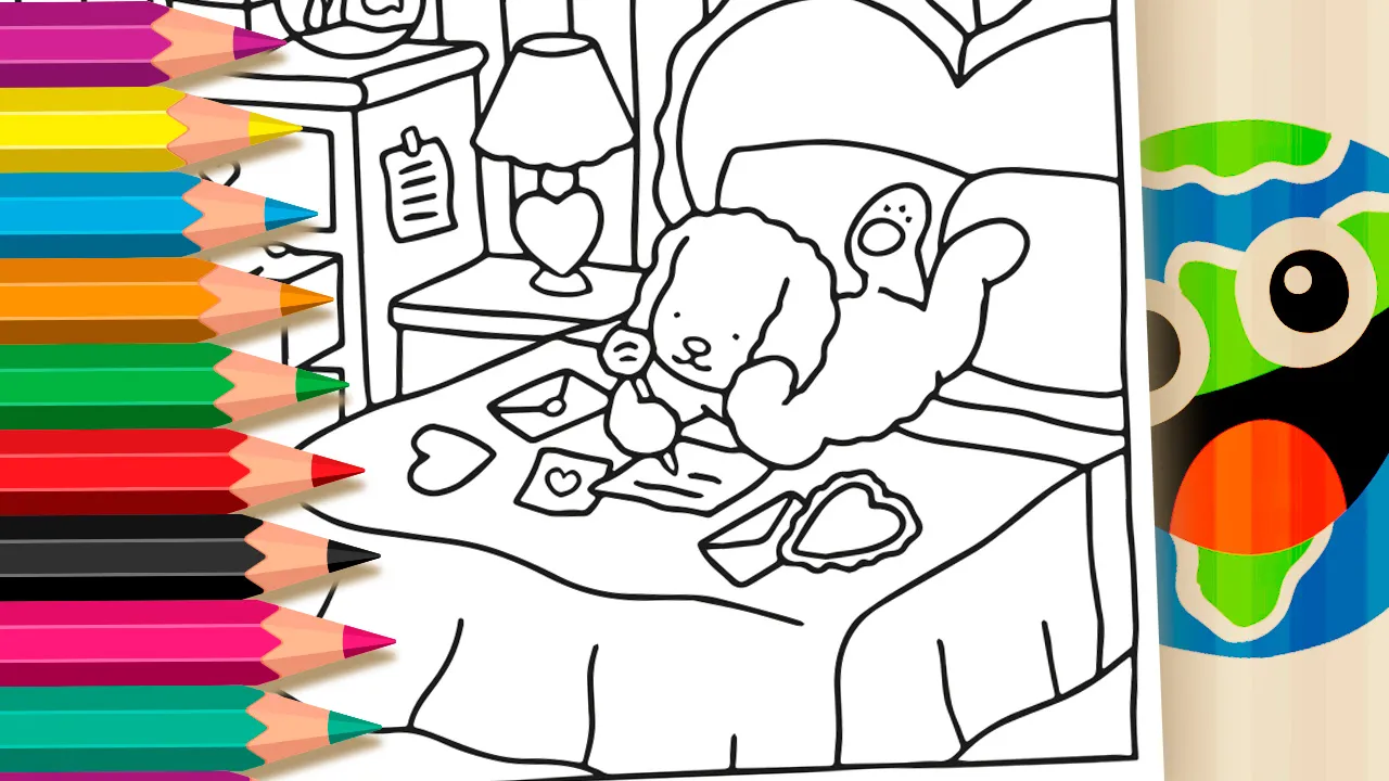 Desenho para colorir de um personagem fofo da Bobbie Goods deitado na cama lendo cartas de amor, com envelopes e uma luminária no quarto.