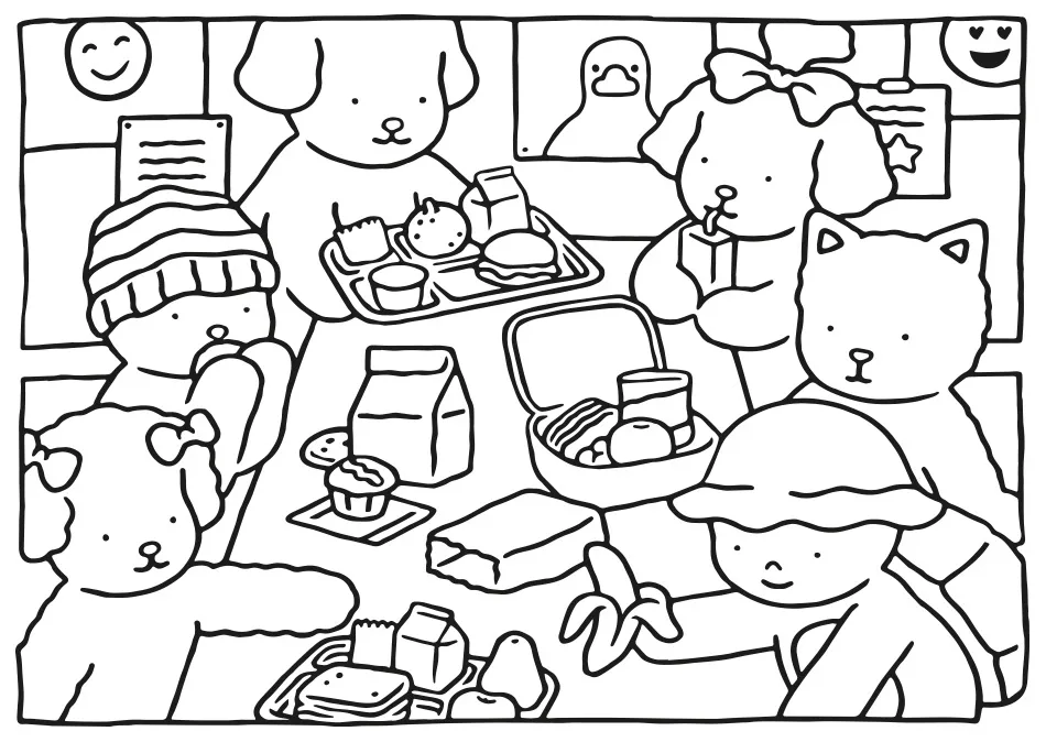 Desenho para colorir de Bobbie Goods com seis personagens (cães, gatos e outros animais fofos) reunidos em uma mesa de refeitório escolar, fazendo um lanche. Há bandejas com sanduíches, frutas, leite e cupcakes.