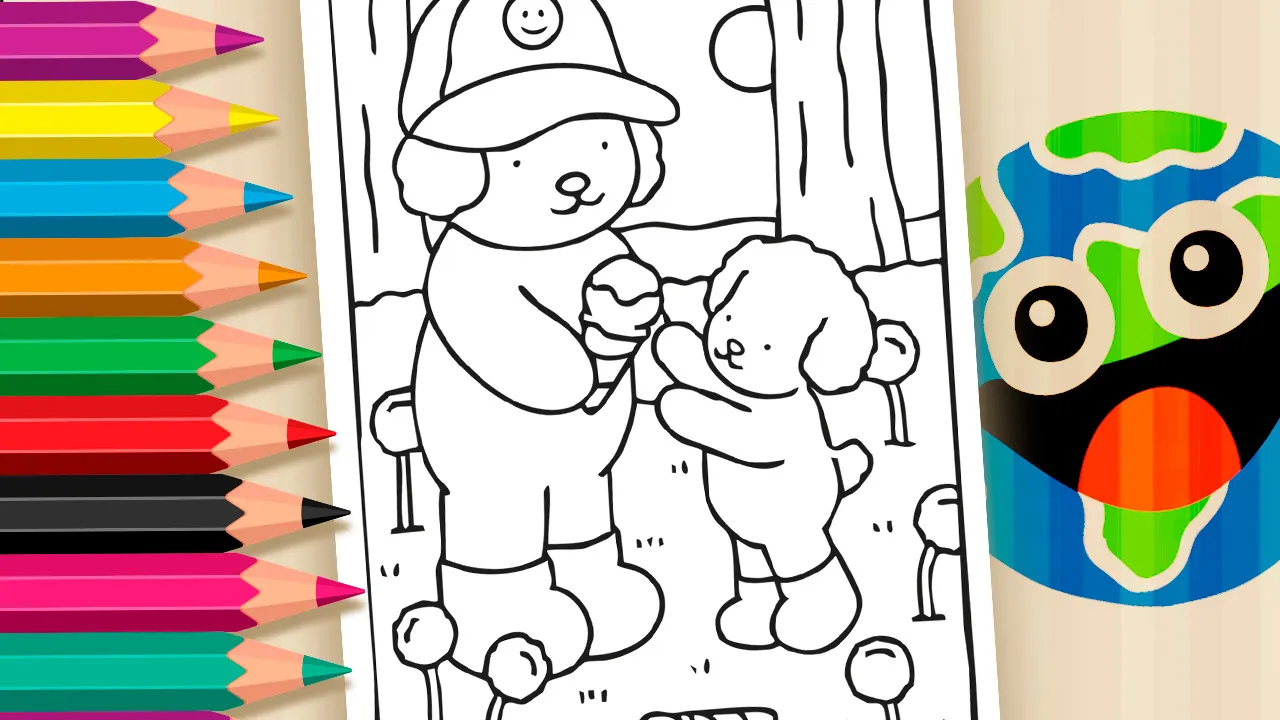 Desenho para colorir de um personagem grande da Bobbie Goods com boné, representando um pai, oferecendo um sorvete para um personagem menor, representando um filho, em um cenário ao ar livre.