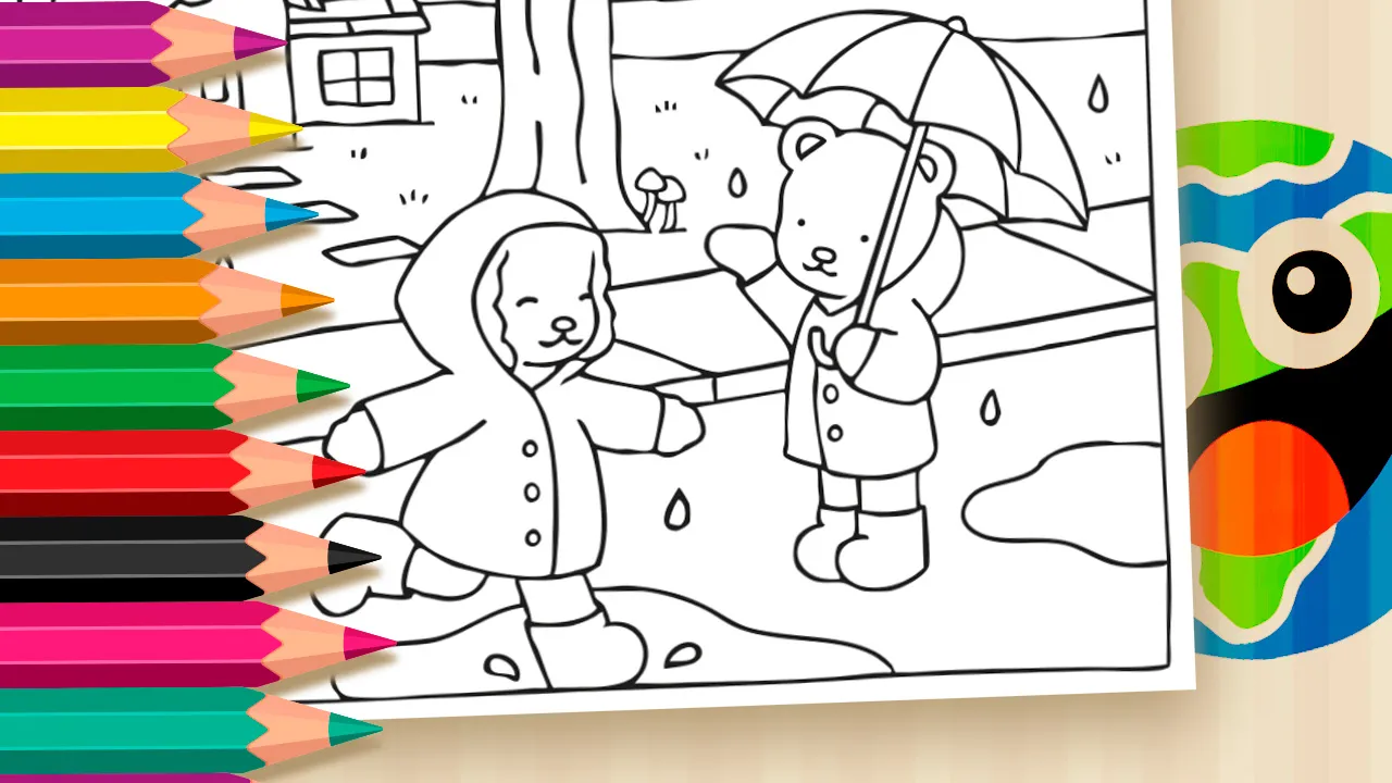 Desenho para colorir de dois personagens fofos da Desenho Kawaii com capas de chuva e guarda-chuva, brincando em poças d'água em um dia chuvoso, com uma casa e árvores ao fundo.