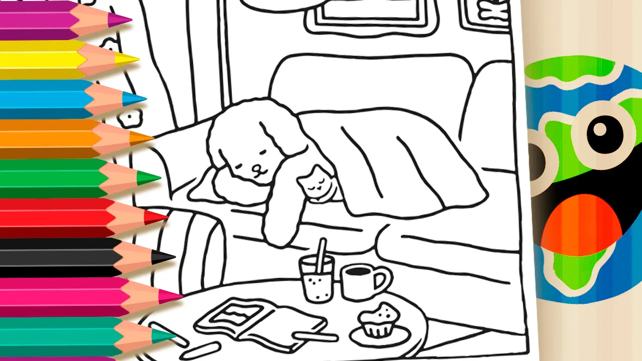 Desenho para colorir de Desenho Kawaii mostrando um cachorrinho dormindo no sofá, coberto por um cobertor, com um gatinho ao lado. A cena se passa em uma sala aconchegante com cortinas, plantas na janela, uma luminária e uma mesa de centro com um lanche e um livro.