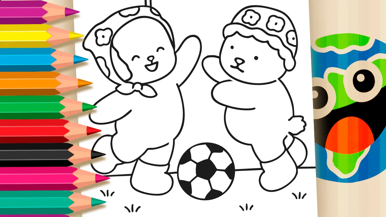 Desenho para colorir de Desenho Kawaii com dois personagens fofos jogando futebol. Um deles está com um lenço na cabeça e o outro com um chapéu. Ao fundo, uma bandeira do Brasil tremula e há uma bola de futebol entre eles.