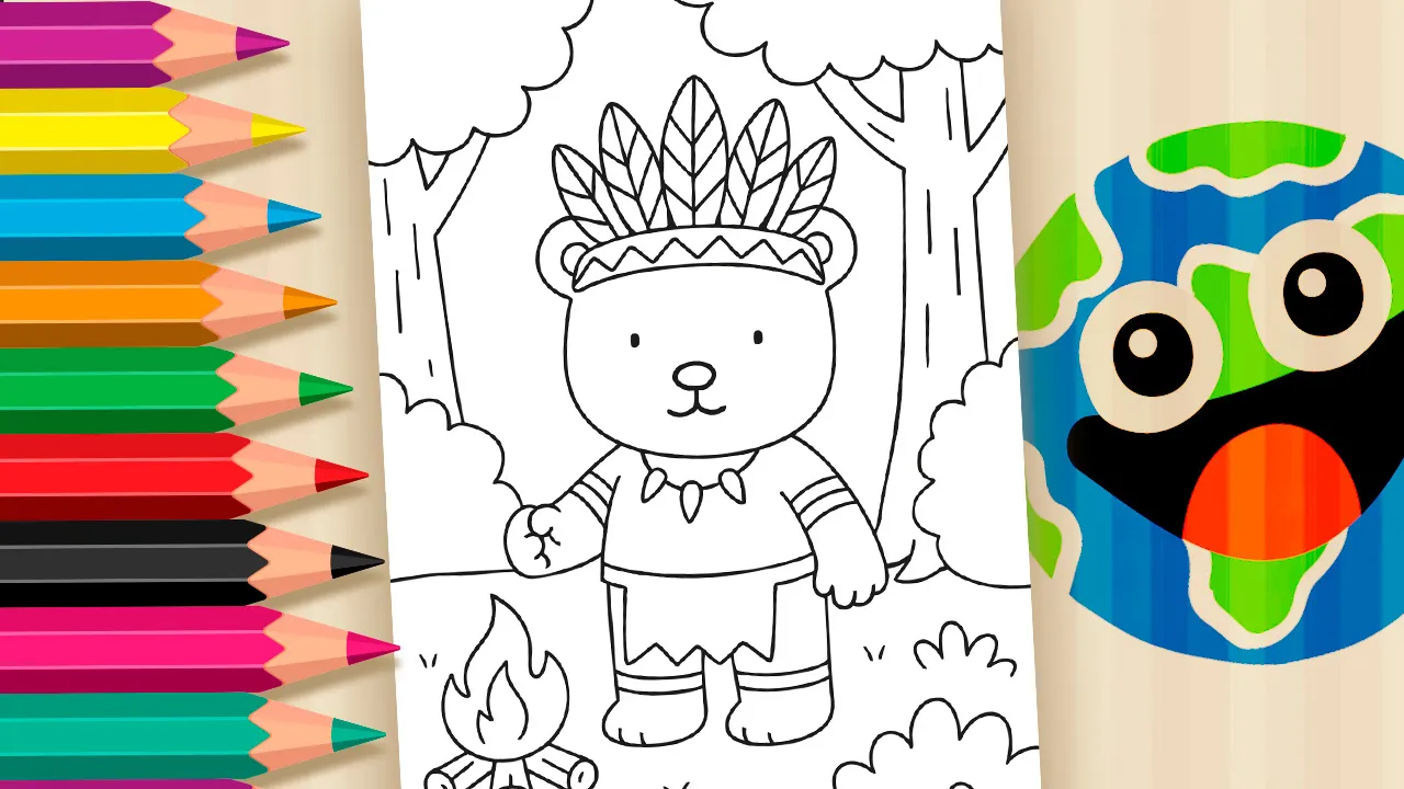 Desenho para colorir de um ursinho fofo no estilo Desenho Kawaii vestido como um indígena Guarani Kaiowá, com cocar de penas, colar e uma fogueira ao lado, em meio à floresta.