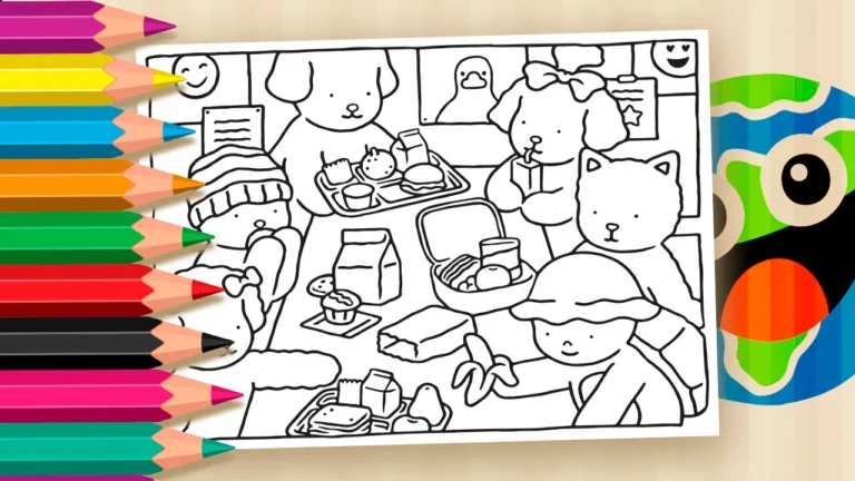 Desenho para colorir Lanche no Refeitório da Escola com Desenho Kawaii
