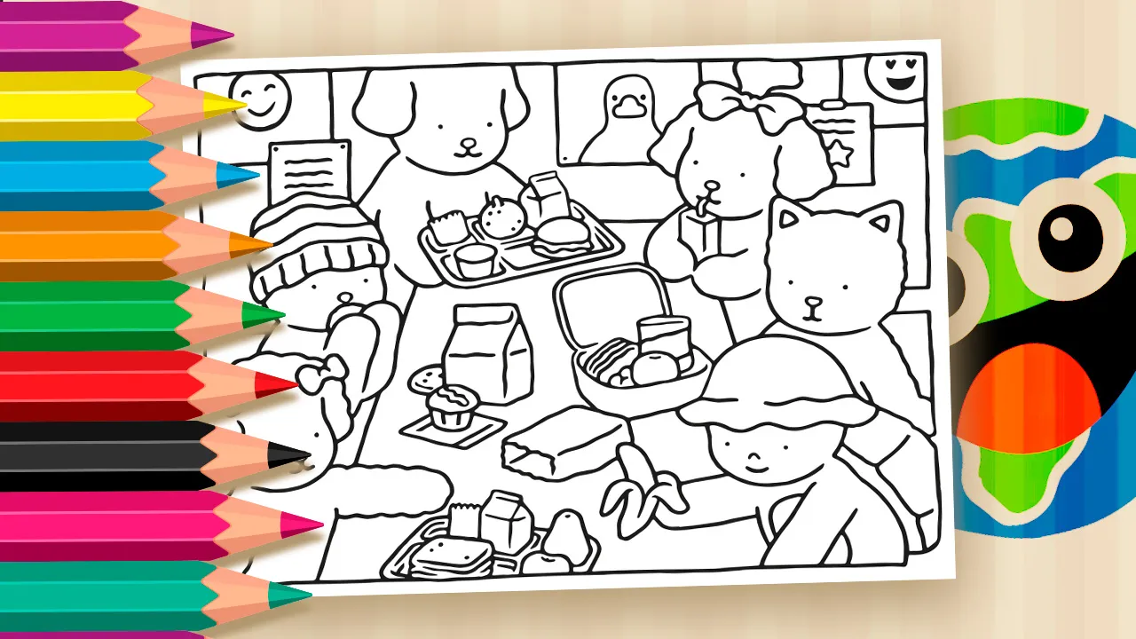 Desenho para colorir de Desenho Kawaii com seis personagens (cães, gatos e outros animais fofos) reunidos em uma mesa de refeitório escolar, fazendo um lanche. Há bandejas com sanduíches, frutas, leite e cupcakes. Lápis de cor coloridos aparecem na lateral da imagem, sugerindo a atividade de colorir.