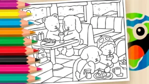 Desenho para Colorir Desenho Kawaii: Noite na Lanchonete Fofa