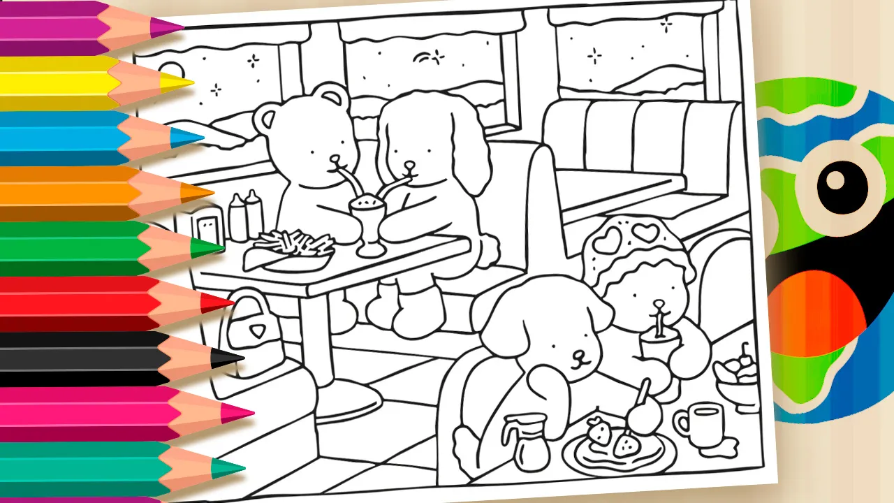 Desenho para colorir de personagens fofos da Desenho Kawaii em uma lanchonete/diner, comendo batatas fritas, milkshakes e panquecas. A cena mostra um ambiente aconchegante com mesas e bancos.