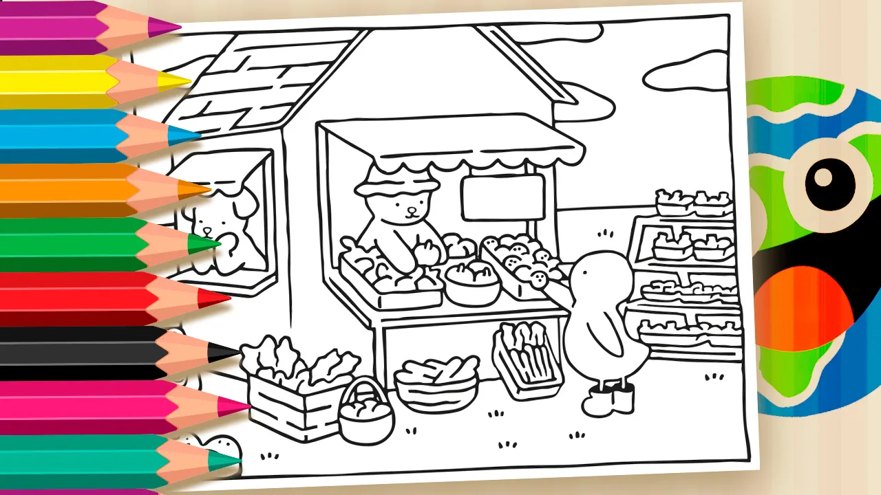 Desenho para colorir de Desenho Kawaii mostrando uma quitanda. Um ursinho está atrás do balcão com frutas e vegetais, um patinho está à frente escolhendo produtos, e um cachorrinho observa da janela de uma casa ao lado. Há também caixas de vegetais, cestas e sacolas de compras no chão.