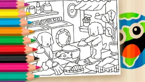 Desenho para Colorir Desenho Kawaii: A Doçura das Tarefas Domésticas