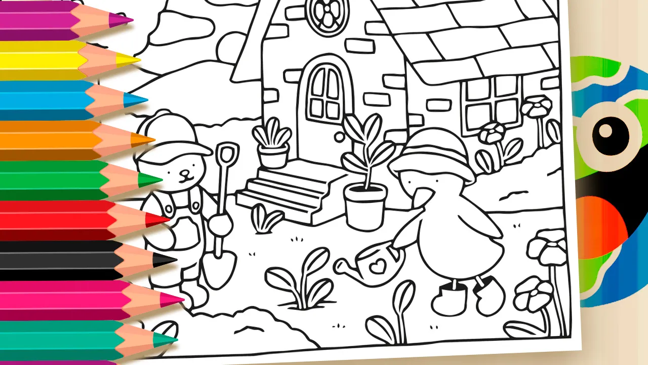 Desenho para colorir de personagens fofos da Desenho Kawaii em um jardim, um com pá e outro regando plantas, com uma casinha ao fundo.