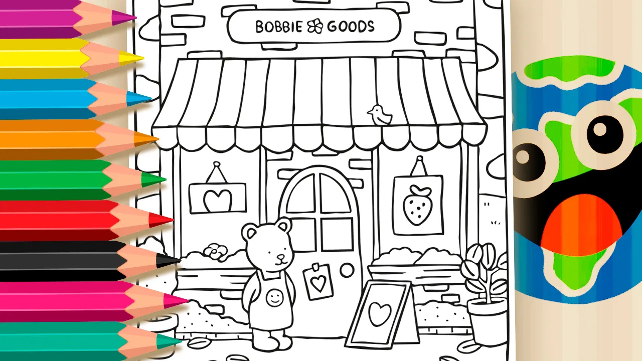 Desenho para colorir de uma lojinha fofa da Desenho Kawaii com toldo listrado, ursinho vendedor, placas decorativas com corações e morangos, vasos de plantas e um passarinho no telhado.