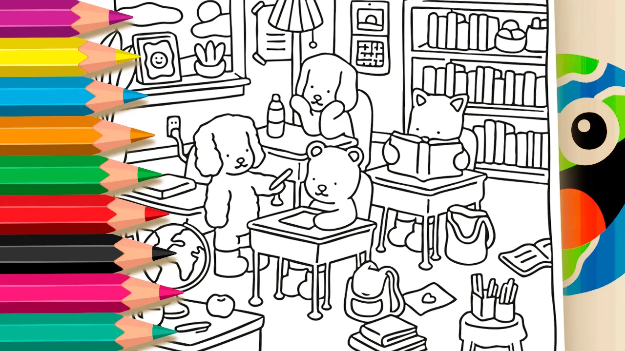Desenho para colorir de uma sala de aula fofa da Desenho Kawaii com ursinhos estudantes em suas carteiras, livros, mochilas, globo terrestre, plantas e estante de livros.