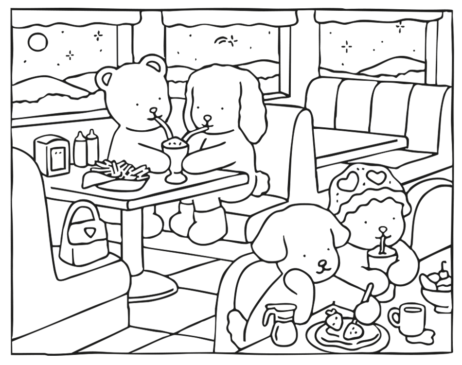 Desenho de Kawaii: Noite na Lanchonete Fofa para imprimir e colorir - PDF grátis para pessoas de todas as idades