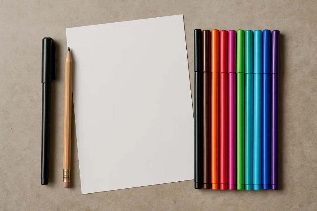 Desenho para desanhar com caneta preta, lápis, papel e canetinhas coloridas.