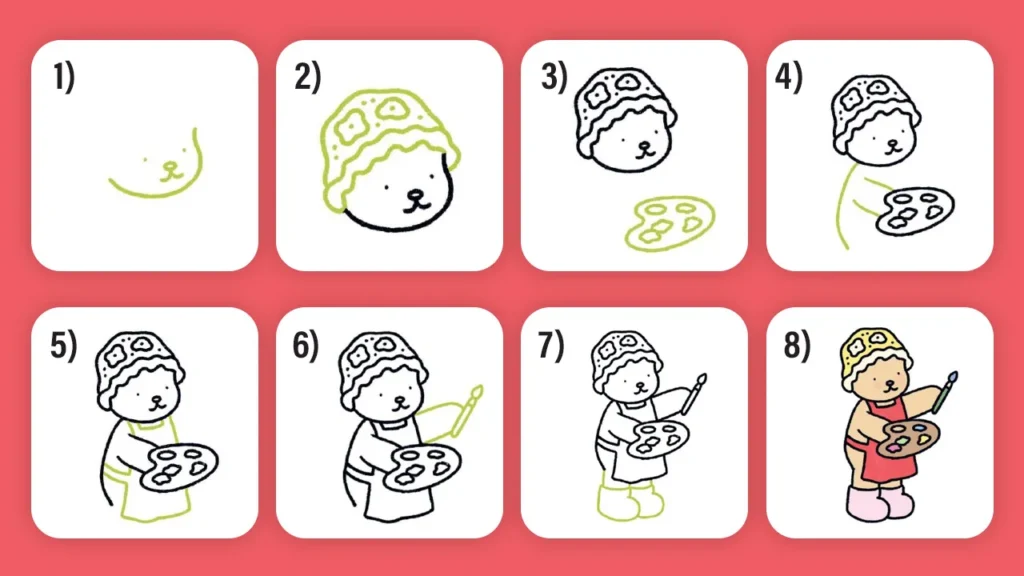 Desenho para desenhar: aprenda a fazer um ursinho artista no estilo Bobbie Goods.