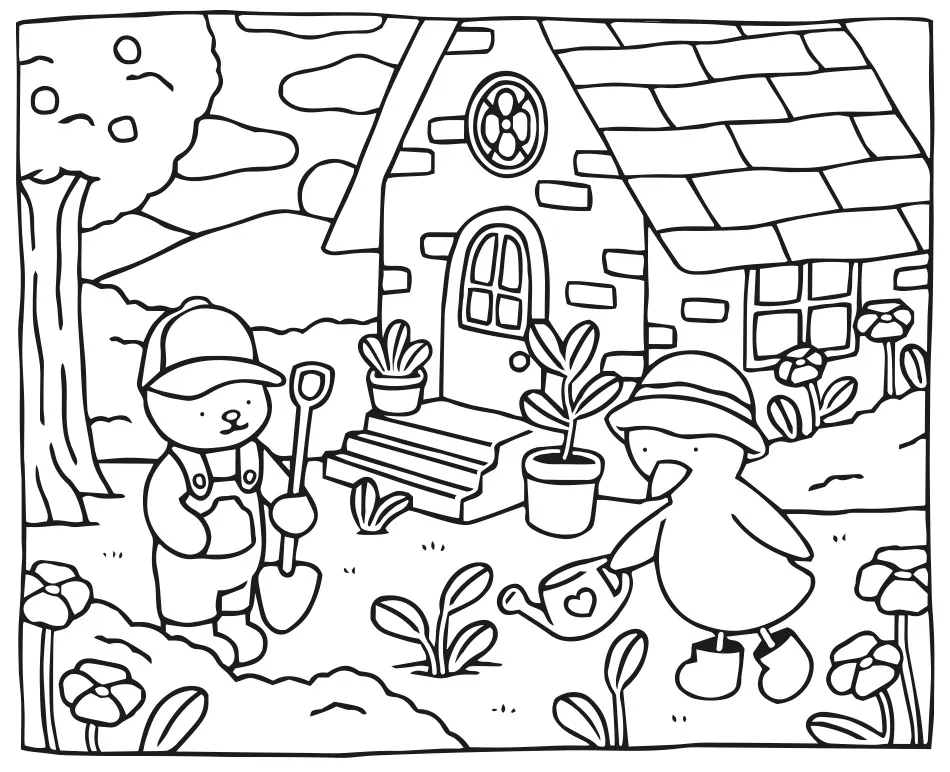 Desenho para colorir de personagens fofos da Bobbie Goods em um jardim, um com pá e outro regando plantas, com uma casinha ao fundo.
