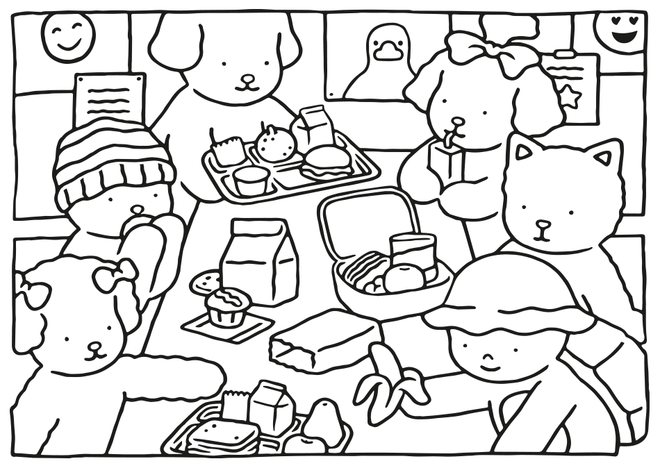 Desenho de Lanche no Refeitório da Escola com Kawaii para imprimir e colorir - PDF grátis para pessoas de todas as idades