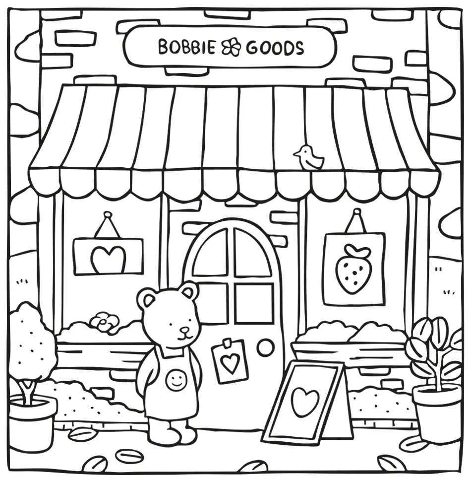 Desenho para colorir de uma lojinha fofa da Bobbie Goods com toldo listrado, ursinho vendedor, placas decorativas com corações e morangos, vasos de plantas e um passarinho no telhado.