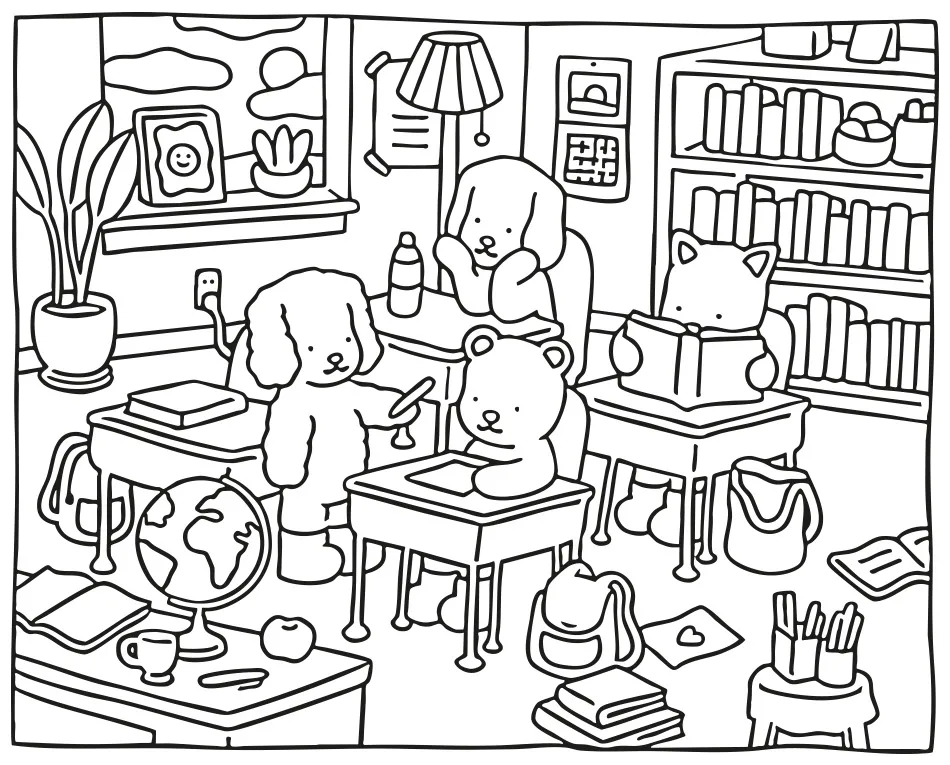 Desenho para colorir de uma sala de aula fofa da Bobbie Goods com ursinhos estudantes em suas carteiras, livros, mochilas, globo terrestre, plantas e estante de livros.