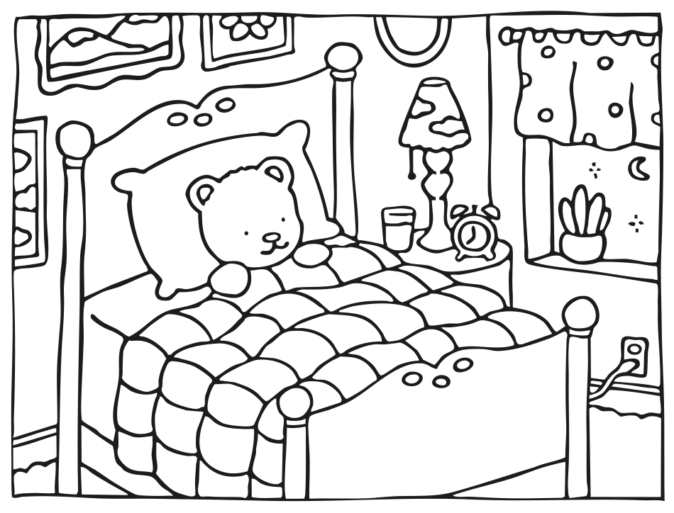 Desenho de Ursinho na Cama  -  Kawaii para imprimir e colorir - PDF grátis para pessoas de todas as idades