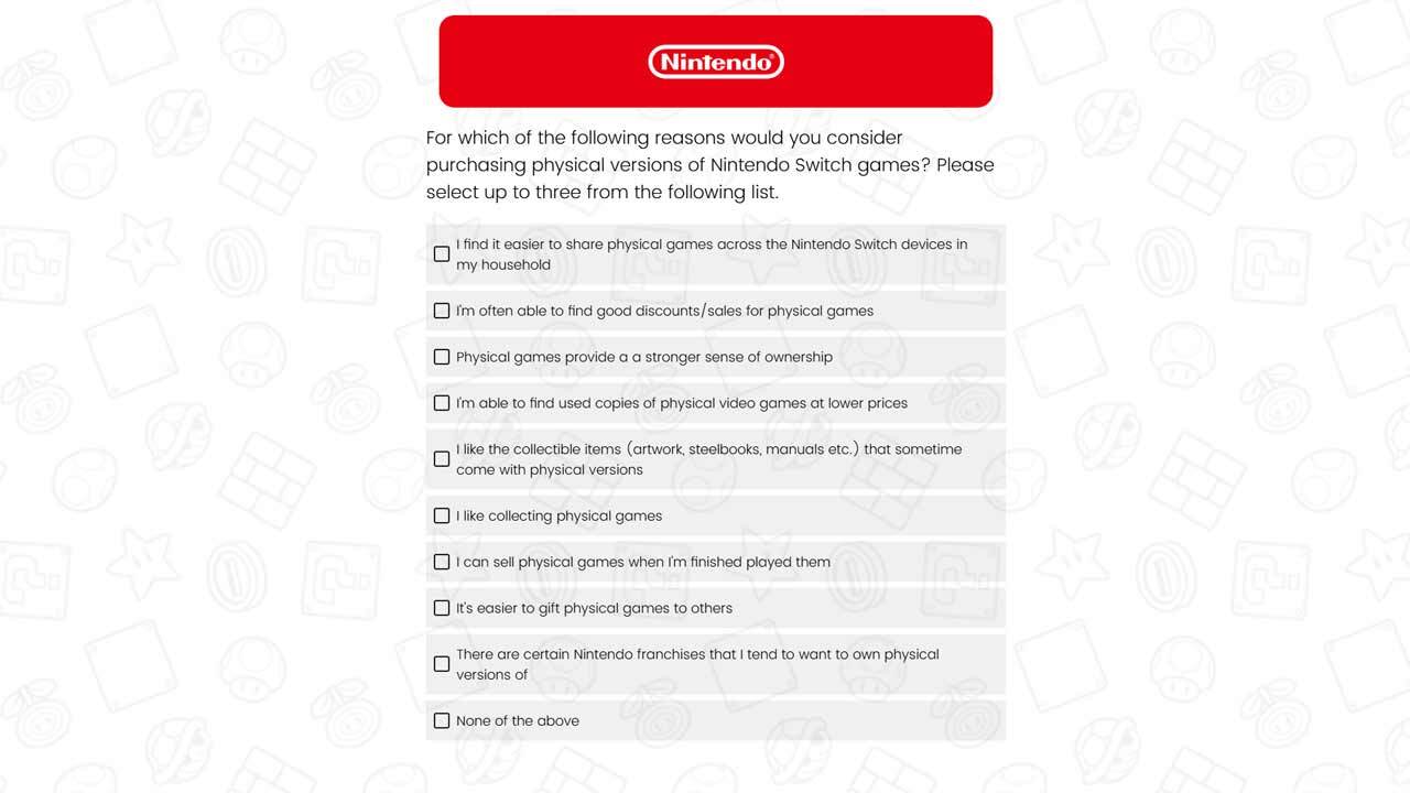 Uma das perguntas feita na pesquisa da Nintendo.