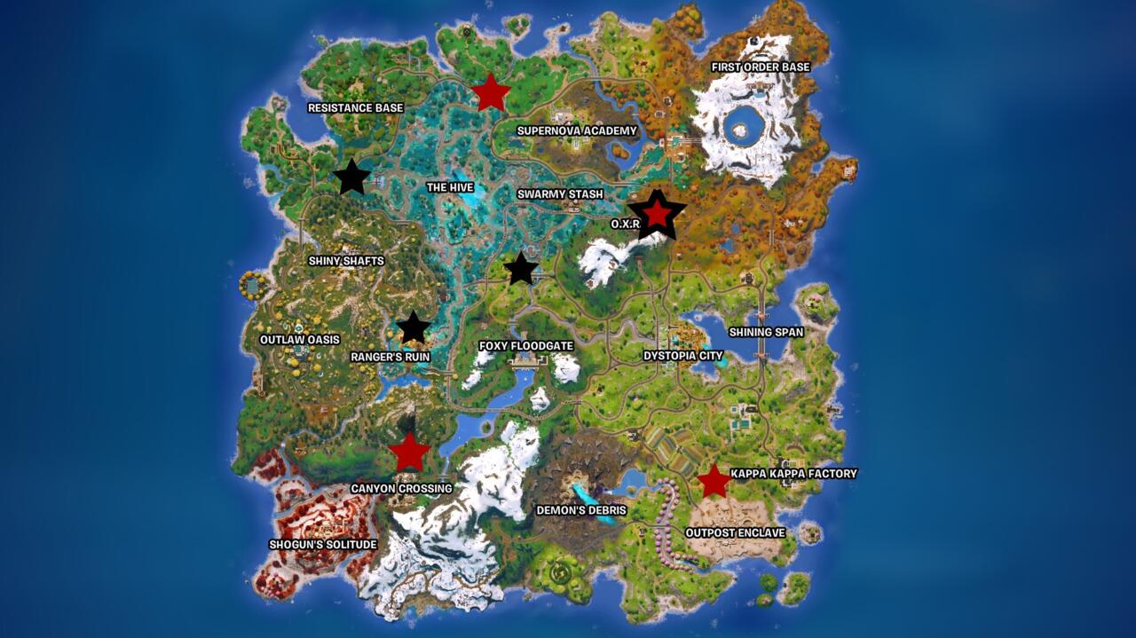 Existem cinco spawns garantidos (vermelho) e três outros locais potenciais (preto) para Hammerhead Choppas.
