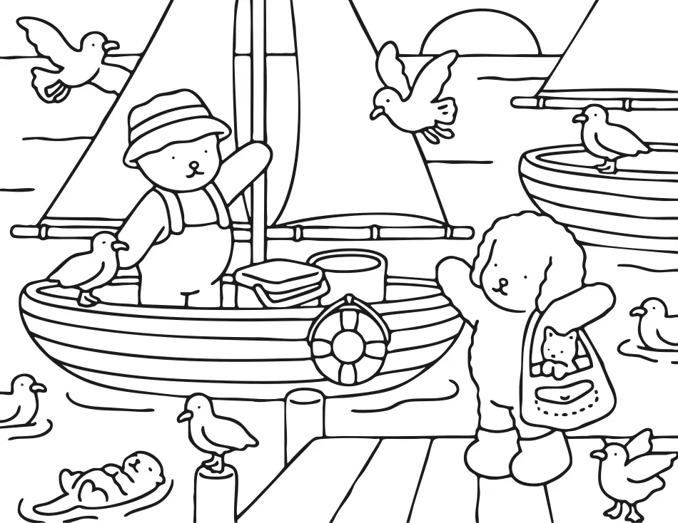 Desenho para colorir da Bobbie Goods mostrando um adorável passeio de barco com personagens fofos navegando em águas tranquilas, perfeito para relaxar e estimular a criatividade